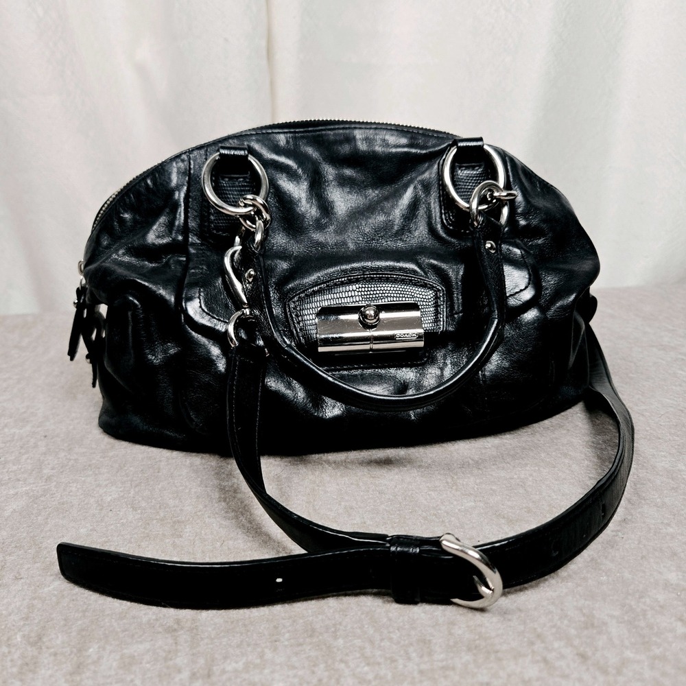 COACH #F22304 Kristen Black Leather Double-Zip Satchel Shoulder Bag